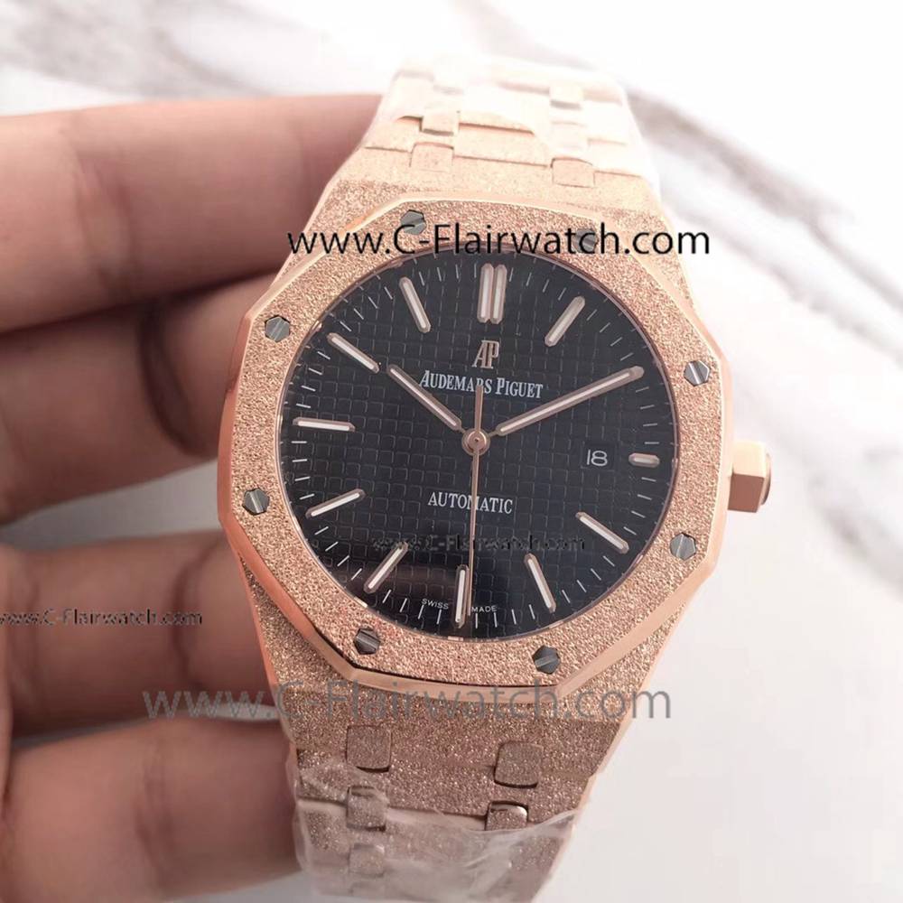 Royal Oak Audemars Piguet Frosted Rose Gold Black Dial Watch